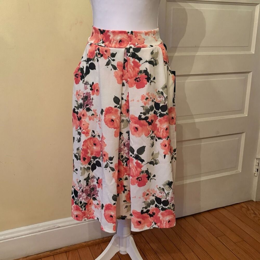 Agnes & Dora woman's midi skirt pleated pink green white flowers floral pockets